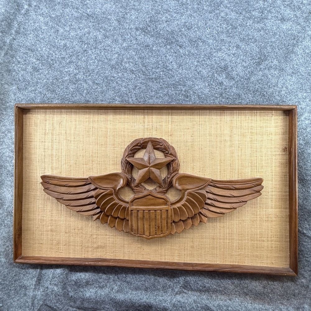 Vintage Wood Carved US Air Force Master Pilot Wings‎ Wall Plaque Brown 20in